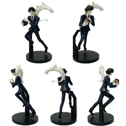 Hunter x hunter chrollo lucilfer pvc figure in black suit with white dragon on black circular base 15-23cm tall