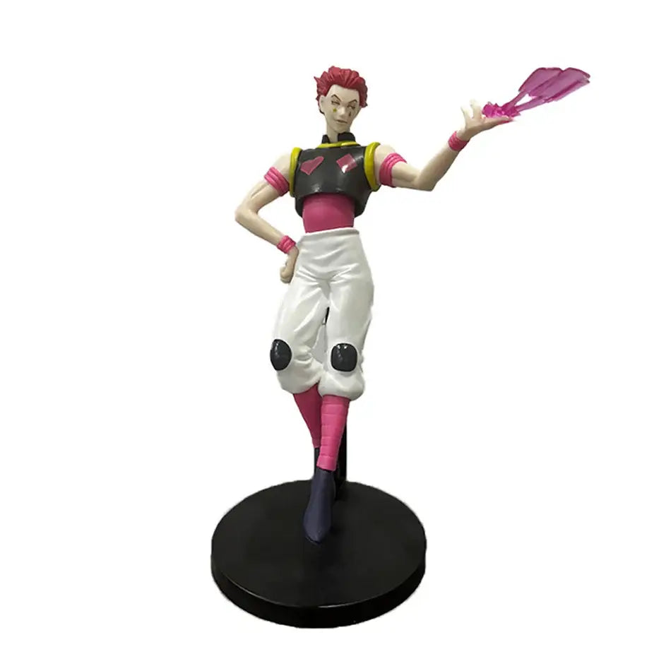 Detailed hunter x hunter chrollo lucilfer pvc figure with spiky red hair in black pink outfit on black base 15-23cm