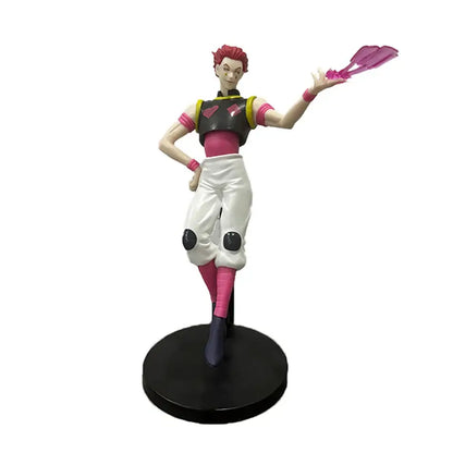 Detailed hunter x hunter chrollo lucilfer pvc figure with spiky red hair in black pink outfit on black base 15-23cm