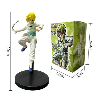 Detailed 20cm hunter x hunter chrollo lucilfer pvc figure with blonde hair white and green attire on black base