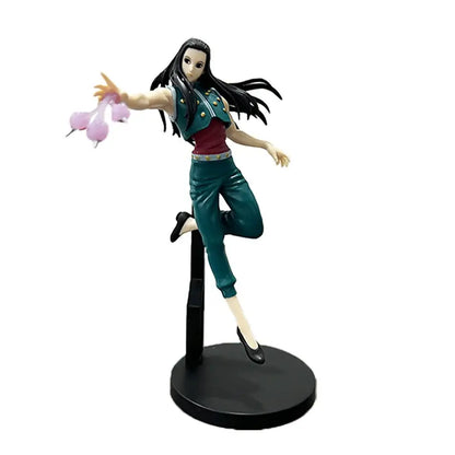 A detailed hunter x hunter chrollo lucilfer pvc figure with long black hair holding pink flower projectiles in teal outfit