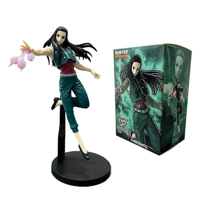 Detailed hunter x hunter chrollo lucilfer pvc figure of female character with long black hair wearing teal jacket and maroon pants