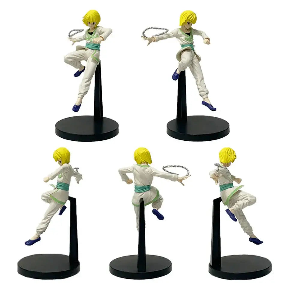 Five chrollo lucilfer pvc figures from hunter x hunter in white green martial arts attire with blue shoes on black stands
