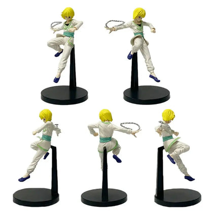 Five chrollo lucilfer pvc figures from hunter x hunter in white green martial arts attire with blue shoes on black stands