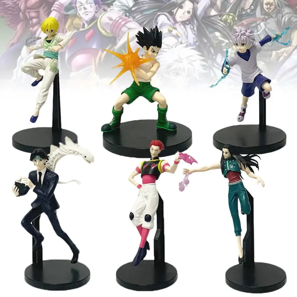 Six vibrant hunter x hunter pvc figurines including chrollo lucilfer on black circular bases 15-23cm tall