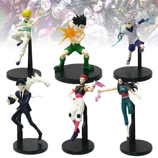 Six vibrant hunter x hunter pvc figurines including chrollo lucilfer on black circular bases 15-23cm tall