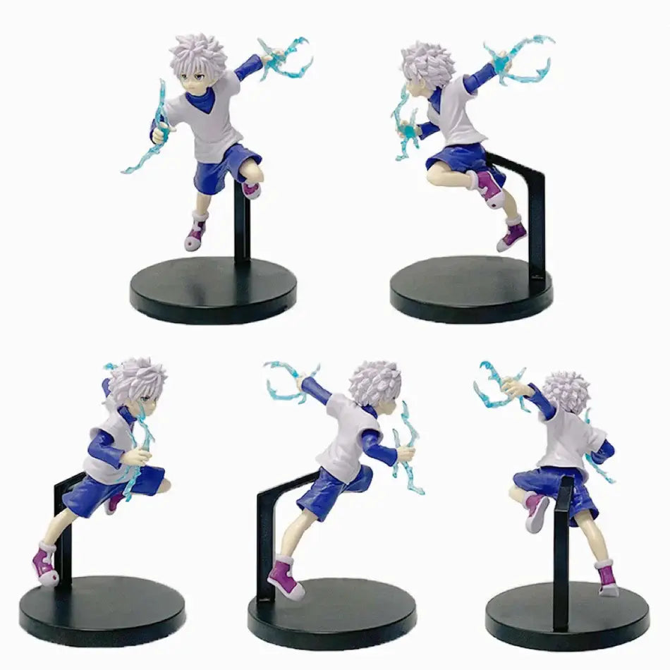 Hunter x hunter chrollo lucilfer pvc figure with spiky silver hair holding glowing cyan energy tendrils in white and blue attire