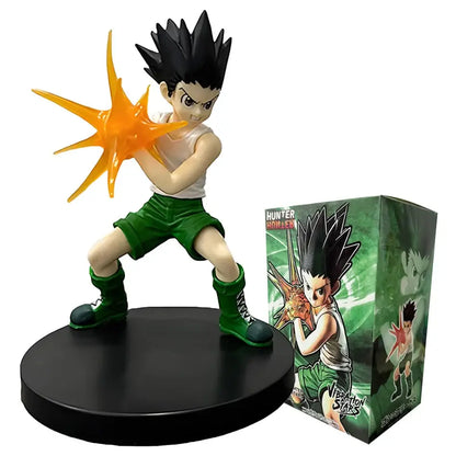 Hunter x hunter chrollo lucilfer pvc figure with black spiky hair in white tank top and green shorts with orange energy blast