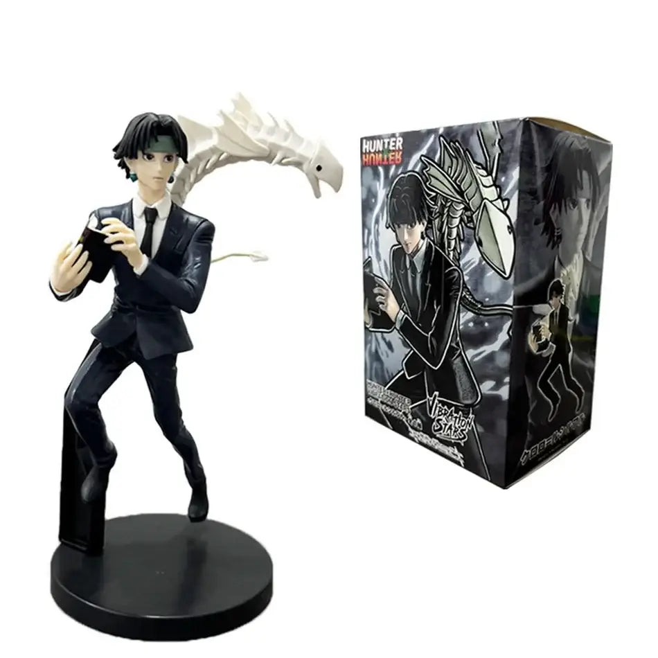 Hunter x hunter chrollo lucilfer pvc figure in black suit posed with white dragon on circular base collectible model