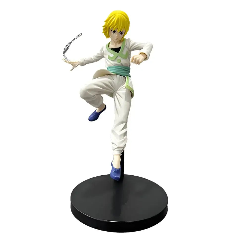 Detailed hunter x hunter chrollo lucilfer pvc figure with spiky yellow hair white outfit green trim holding chain weapon