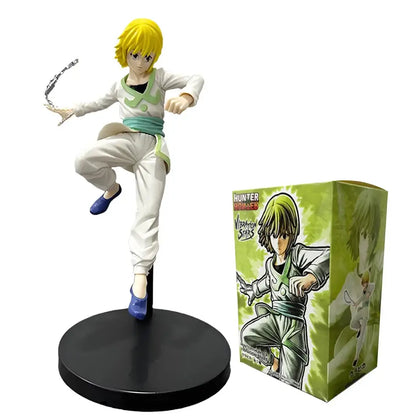 Hunter x hunter chrollo lucilfer pvc figure with yellow hair in white outfit green accents and blue shoes on black base