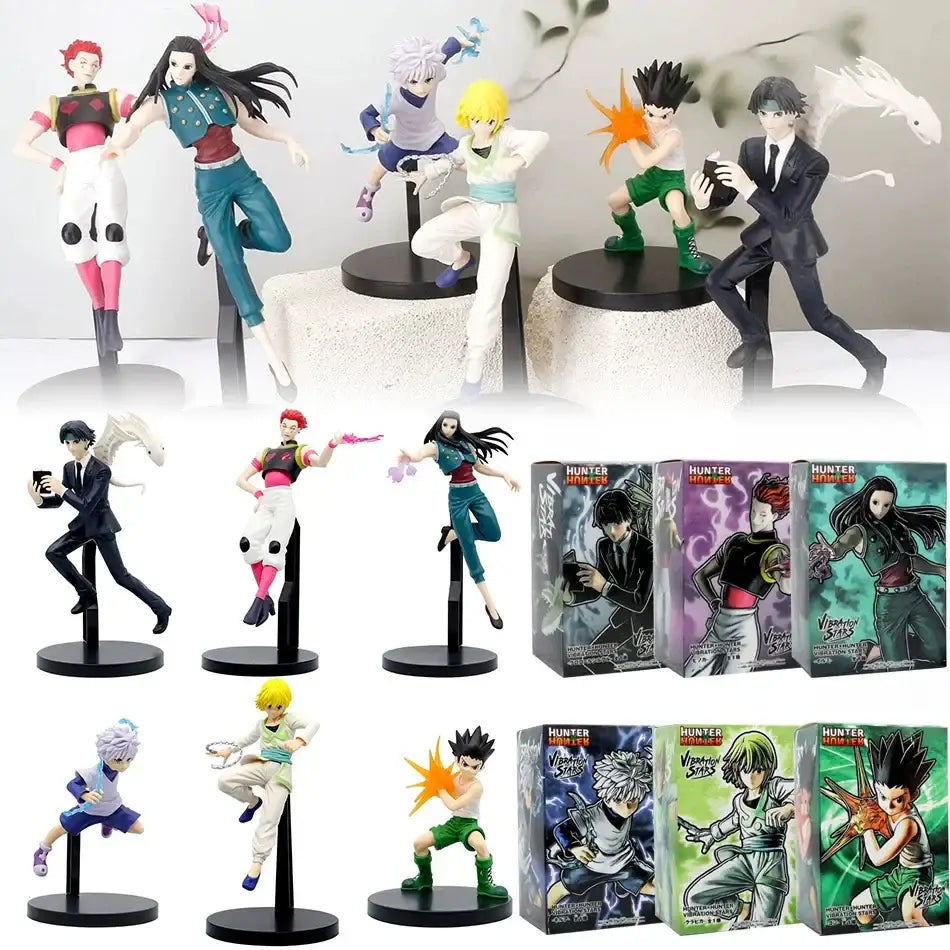 A collection of detailed hunter x hunter pvc figurines including chrollo lucilfer in dynamic poses with varied outfits