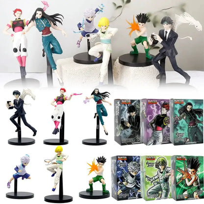 A collection of detailed hunter x hunter pvc figurines including chrollo lucilfer in dynamic poses with varied outfits