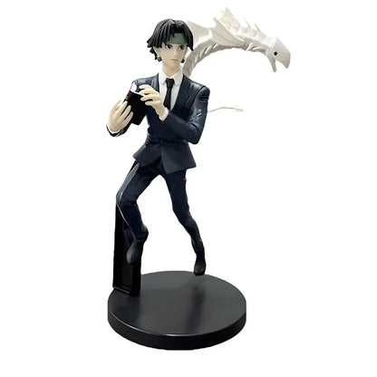 Hunter x hunter chrollo lucilfer pvc figure in black suit with white dragon accessory on circular black base collectible model