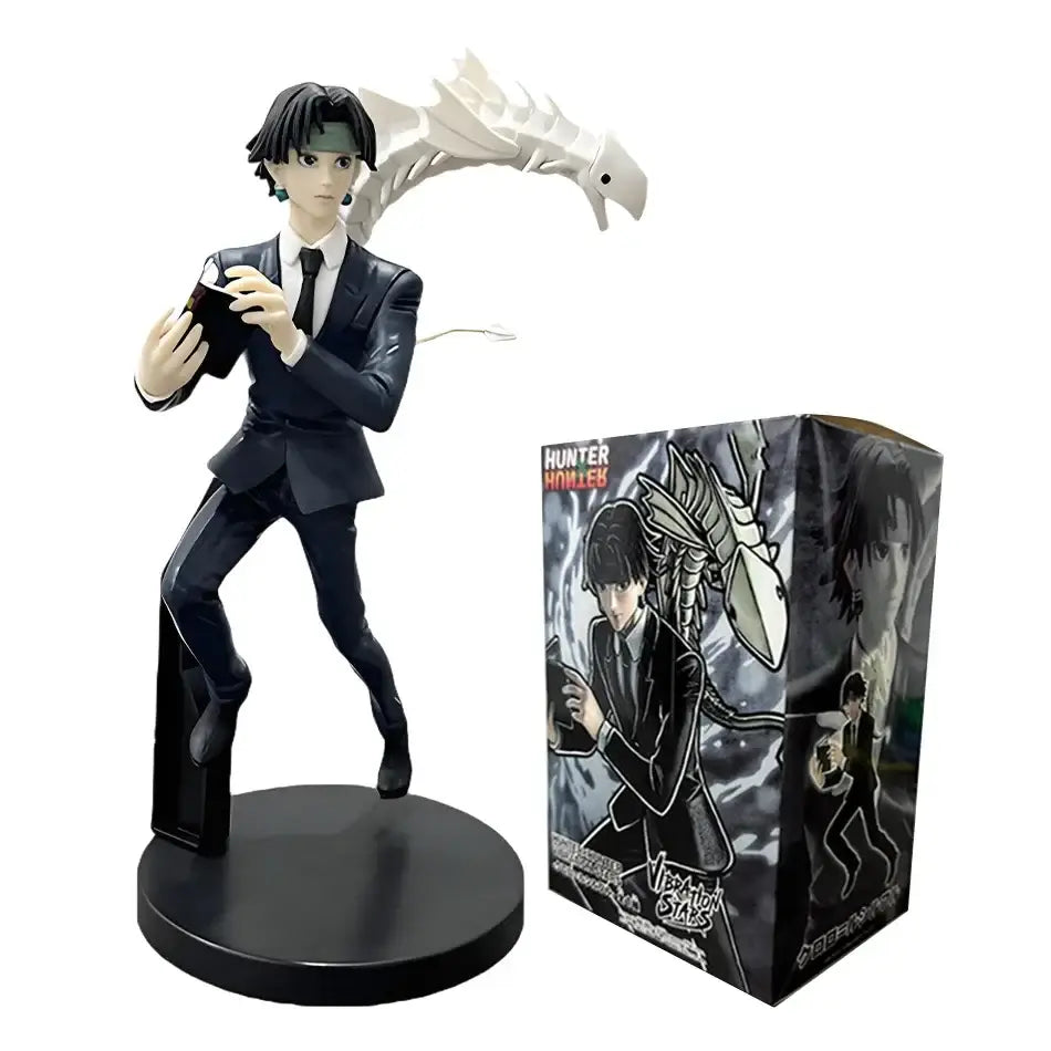 Hunter x hunter chrollo lucilfer pvc figure in black suit with white dragon accessory on circular base collectible model
