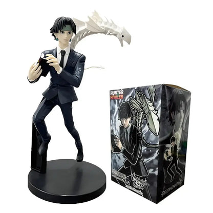 Hunter x hunter chrollo lucilfer pvc figure in black suit with white dragon accessory on circular base collectible model