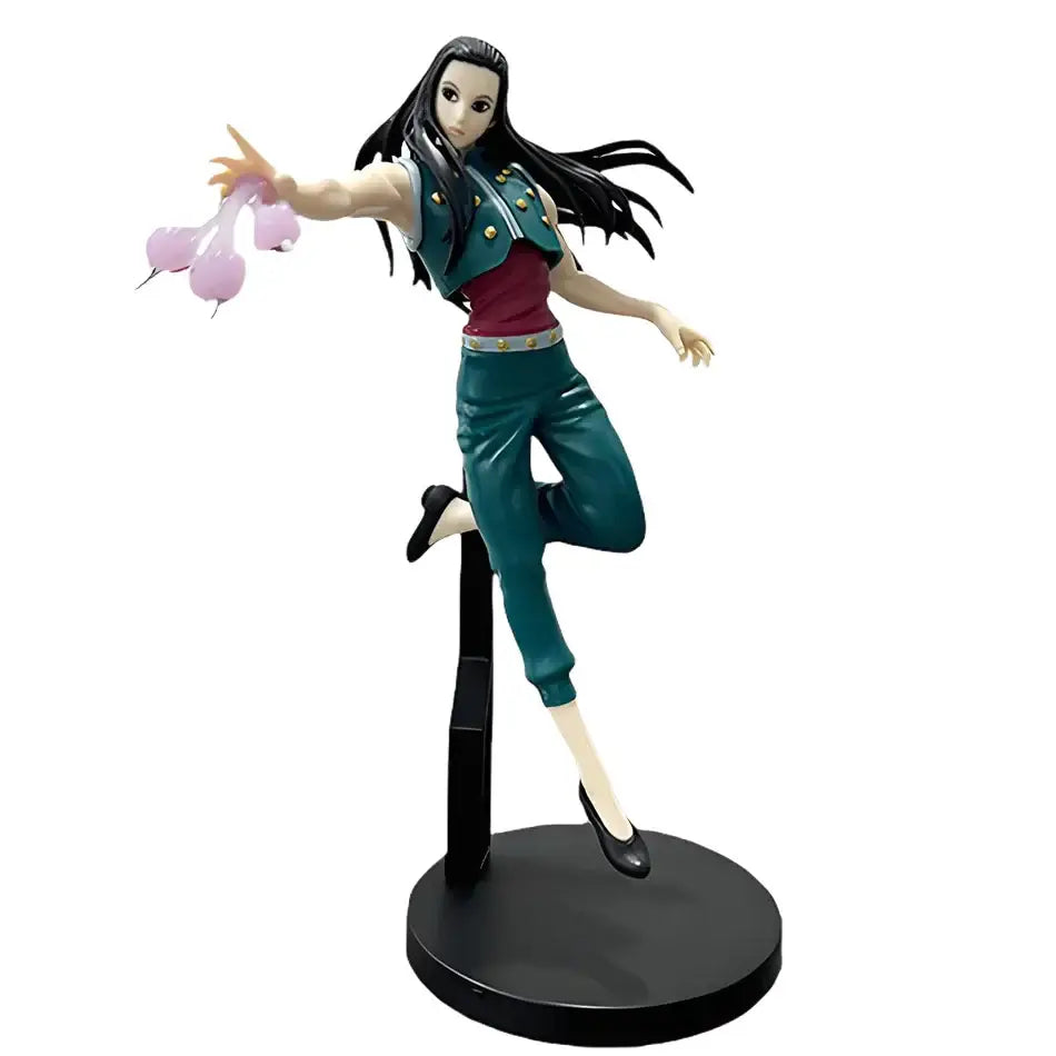 Detailed hunter x hunter chrollo lucilfer pvc figure with long black hair teal jacket red outfit holding pink flowers