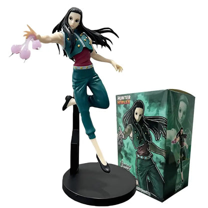 Detailed hunter x hunter chrollo lucilfer pvc figure of female anime character with long black hair holding pink flowers