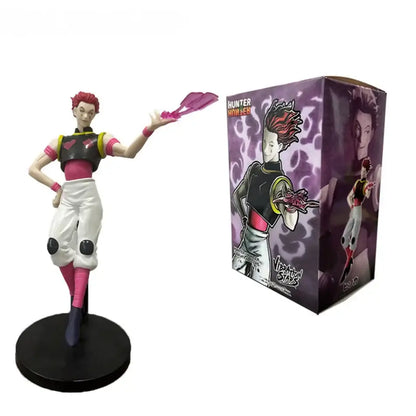 Hunter x hunter chrollo lucilfer pvc figure with pink hair black and pink outfit white pants holding purple feather collectible model