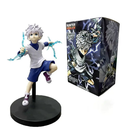 Hunter x hunter chrollo lucilfer pvc figure in dynamic pose wearing white shirt blue shorts and purple shoes collectible model
