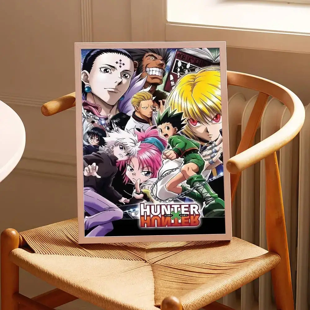 Hunter x hunter classic wall art print featuring vibrant character art and bold red lettering in a light wooden frame
