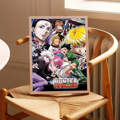 Hunter x hunter classic wall art print featuring vibrant character art and bold red lettering in a light wooden frame