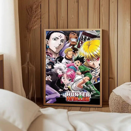 A framed hunter x hunter classic wall art print featuring vibrant colorful characters in dynamic poses on wood