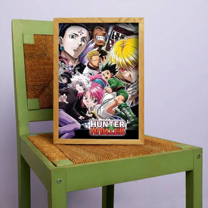 A framed hunter x hunter classic wall art print featuring vibrant character artwork in a light wood frame