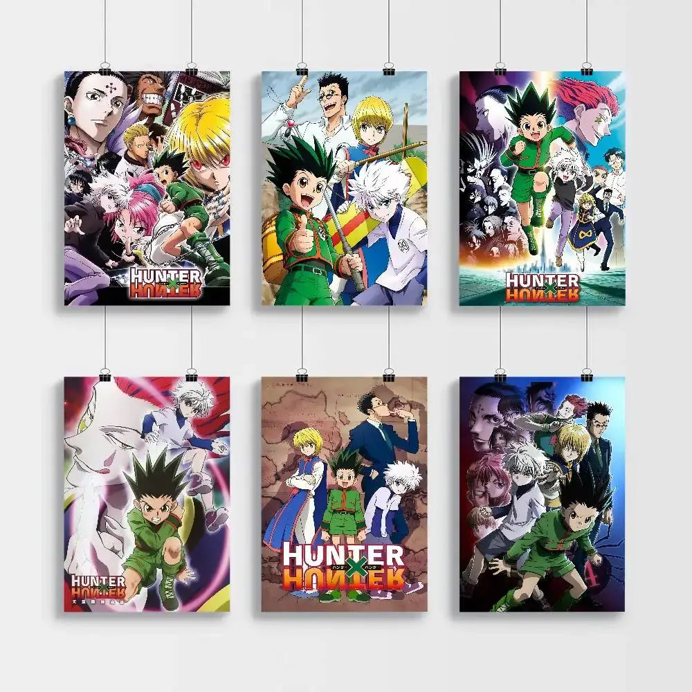 Six vibrant hunter x hunter wall art print posters featuring dynamic character art in bold colors for hd decor