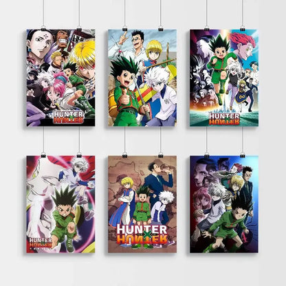 Six vibrant hunter x hunter wall art print posters featuring dynamic character art in bold colors for hd decor