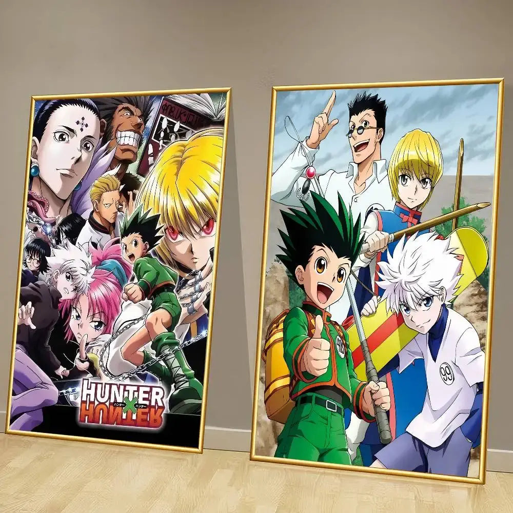 Two framed hunter x hunter classic posters with vibrant character art in gold-colored frames wall art print