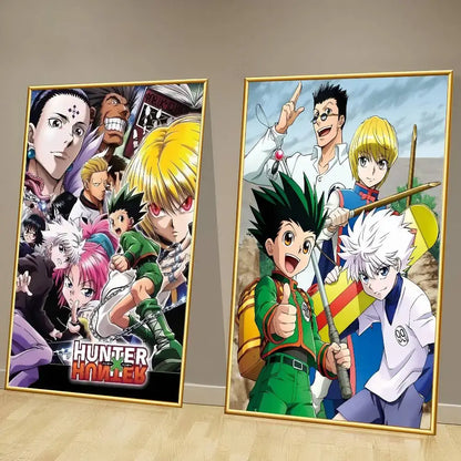 Two framed hunter x hunter classic posters with vibrant character art in gold-colored frames wall art print