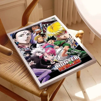 White-framed hunter x hunter classic poster featuring vibrant colorful characters in dynamic poses wall art print