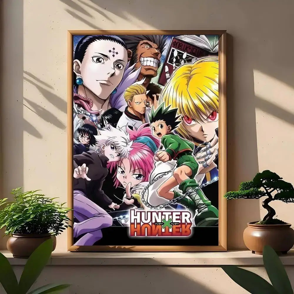 A framed hunter x hunter classic poster wall art print featuring vibrant colorful characters in bold artwork