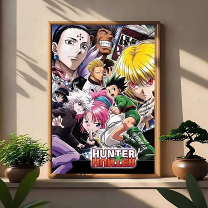 A framed hunter x hunter classic poster wall art print featuring vibrant colorful characters in bold artwork