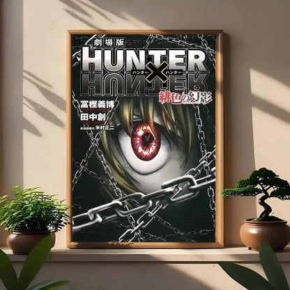 Hunter x hunter classic poster wall art print featuring a striking anime eye with red irises and silver chains on dark background