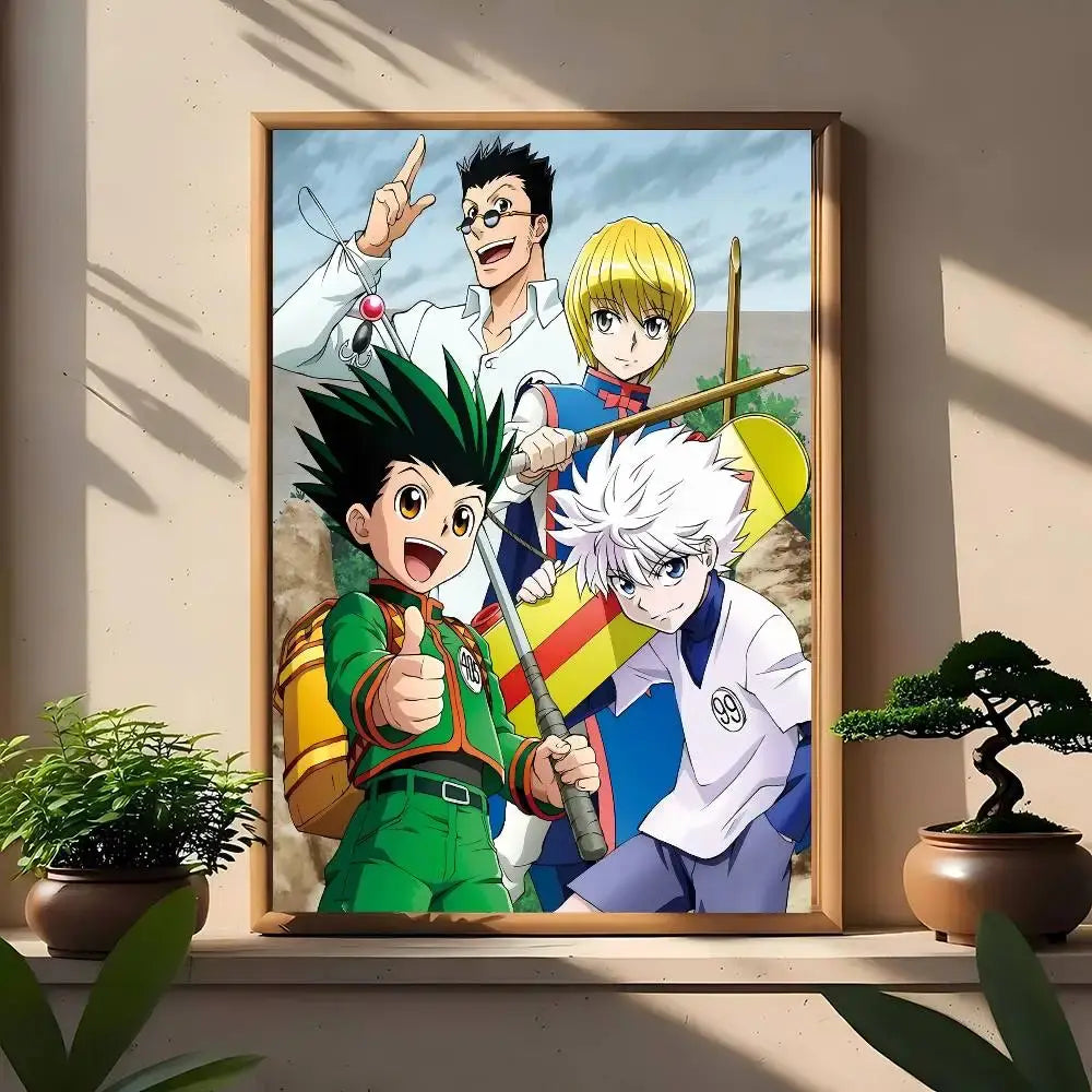 A framed hunter x hunter wall art print in a light wood frame with vibrant colors and detailed anime artwork