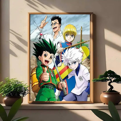 A framed hunter x hunter wall art print in a light wood frame with vibrant colors and detailed anime artwork