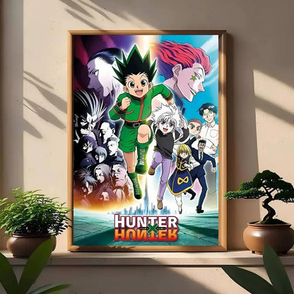 Vibrant hunter x hunter wall art print featuring main characters in dynamic poses on colorful action background