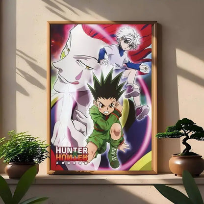 A framed hunter x hunter wall art print with vibrant colors and dynamic character art in a simple wooden frame