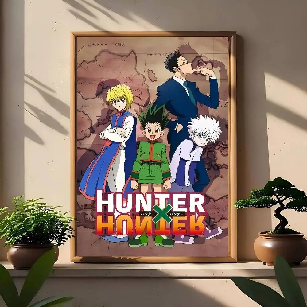 Framed hunter x hunter classic poster with main characters and map backdrop in bold red and white wall art print