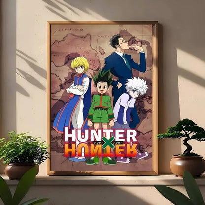 Framed hunter x hunter classic poster with main characters and map backdrop in bold red and white wall art print
