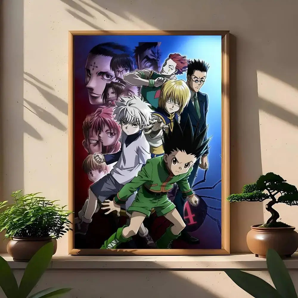 A framed hunter x hunter classic poster featuring vibrant anime art print with dynamic poses for wall art print use