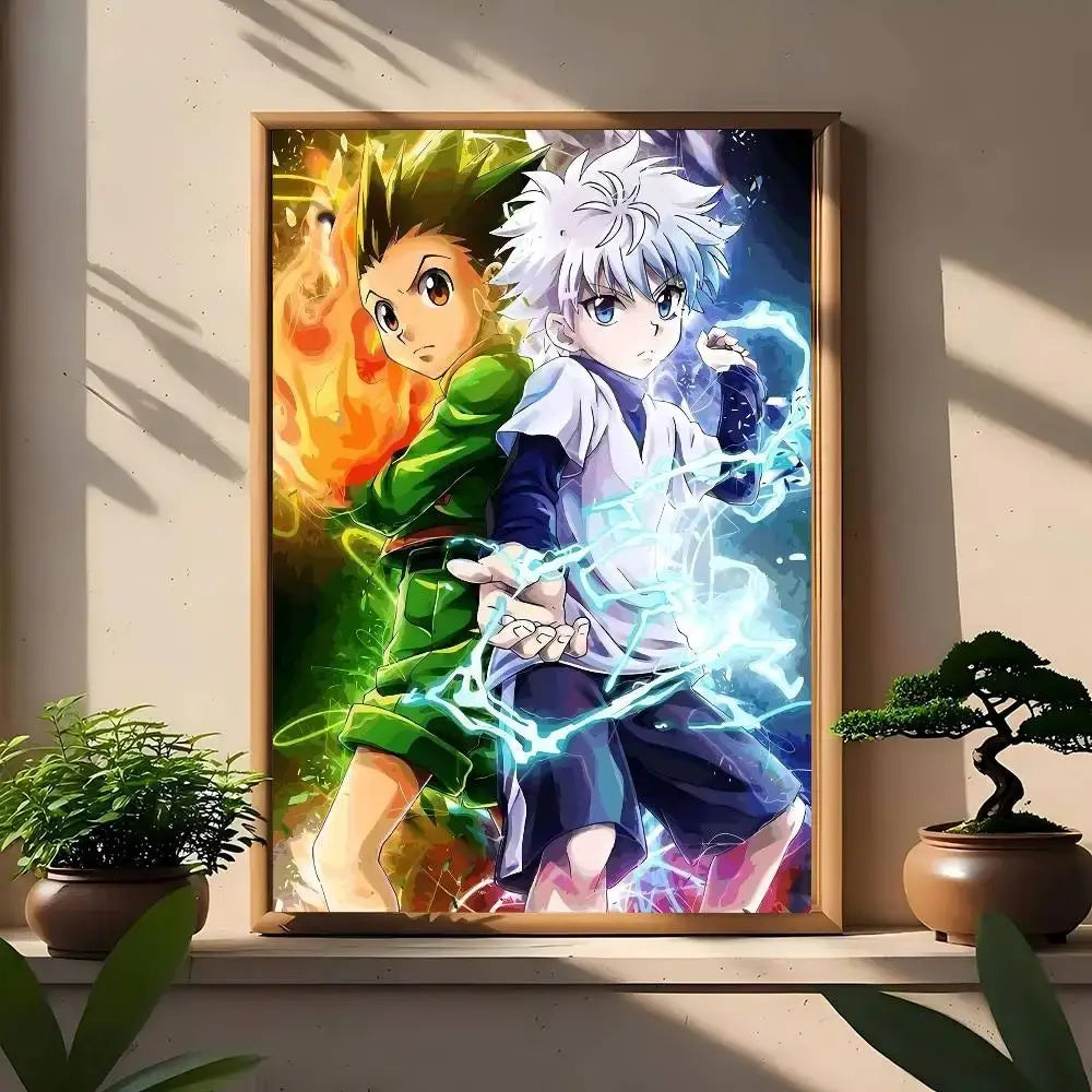 A vibrant hunter x hunter wall art print featuring two characters with fiery and electric effects in a framed anime poster