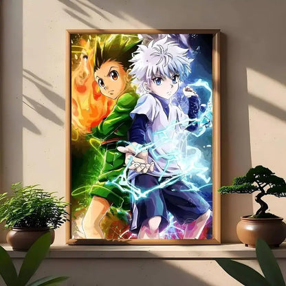 A vibrant hunter x hunter wall art print featuring two characters with fiery and electric effects in a framed anime poster