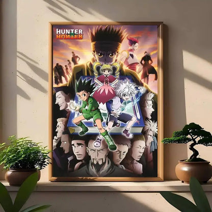 A hunter x hunter classic wall art print featuring vibrant character art in a wooden frame for hd display