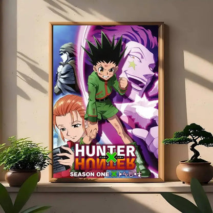 A framed hunter x hunter season one wall art print featuring vibrant colors and dynamic character artwork
