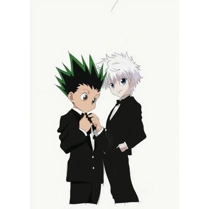 Hunter x hunter canvas poster featuring gon freecss and silver white-haired character in black tuxedos for wall art
