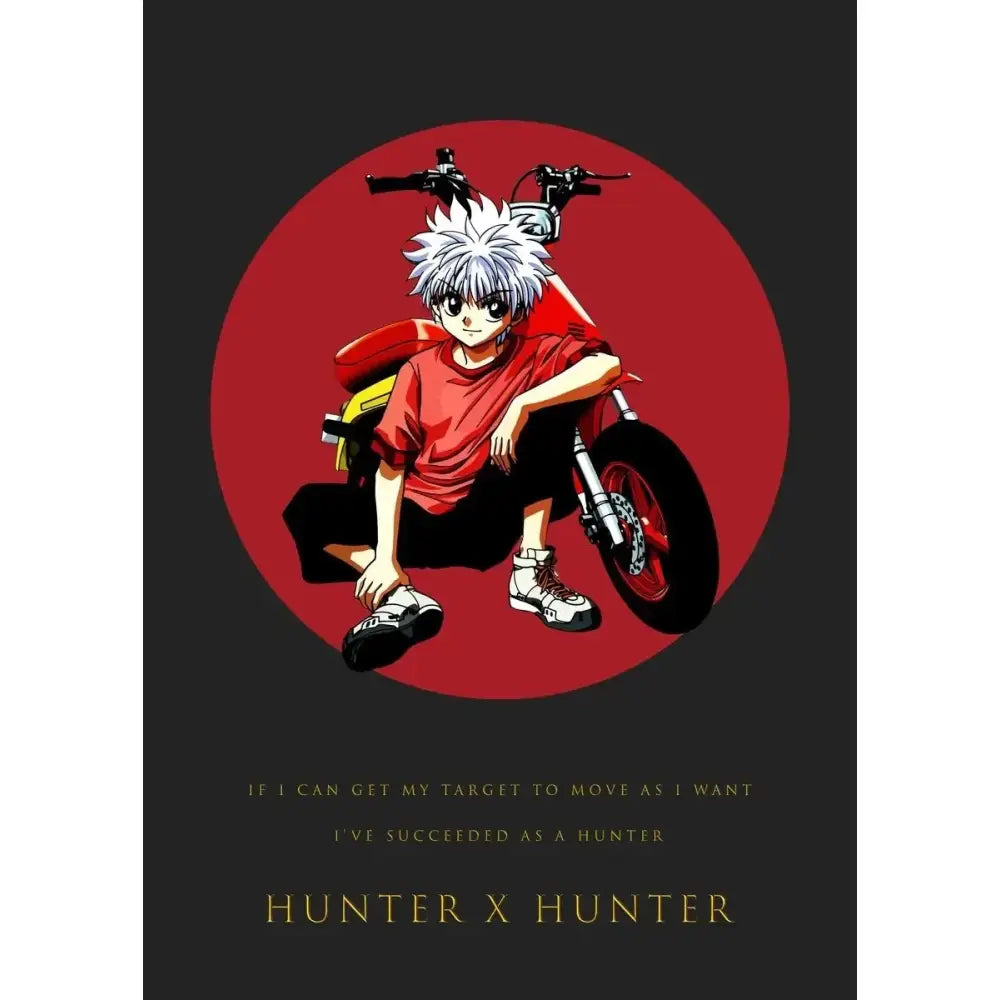 Hunter x hunter gon freecss canvas poster featuring a red motorcycle with black tires and silver handlebars and yellow seat detail