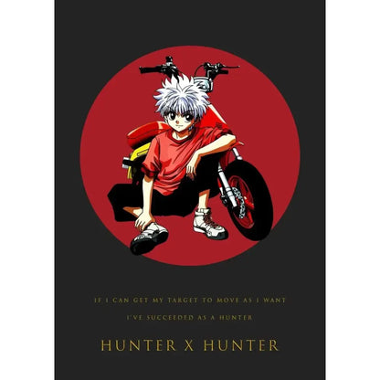 Hunter x hunter gon freecss canvas poster featuring a red motorcycle with black tires and silver handlebars and yellow seat detail